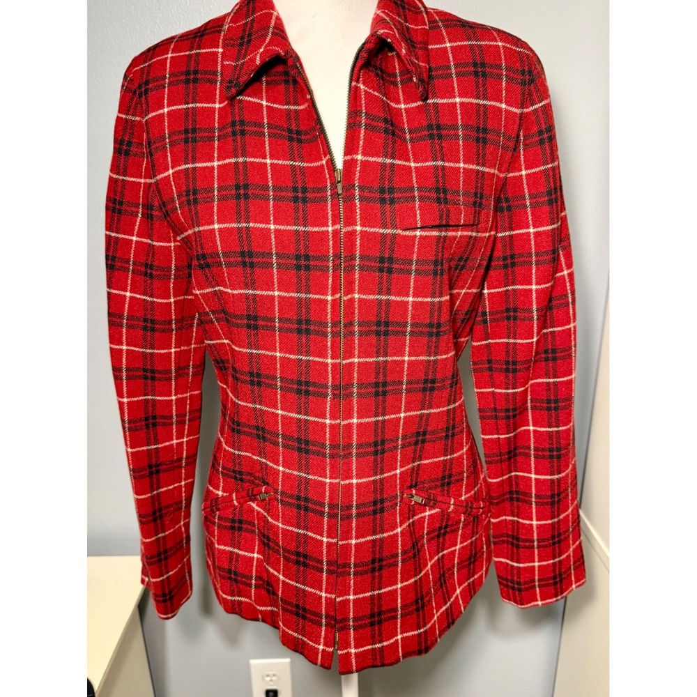 Jones & Co Women's Red Plaid Zip Front Blazer Jacket Size 10